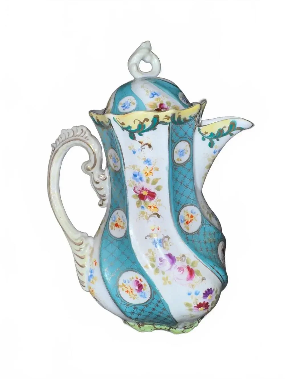 Vintage Porcelain Floral Teapot with Turquoise and Gold Accents